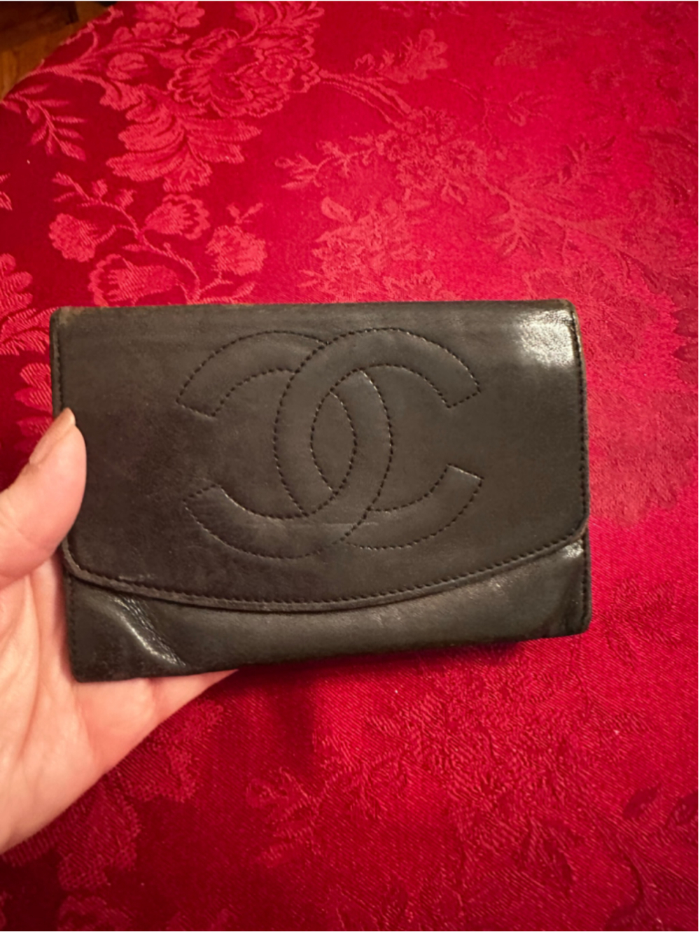 Chanel Black Leather Double C Compact Snap Wallet